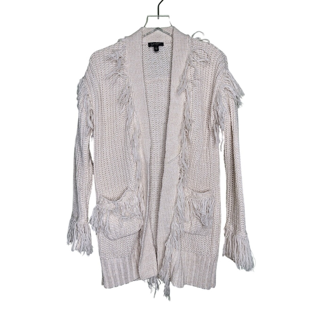 Jessica Simpson Yuki Knit Fringe Sweater Oatmeal Boho Open Pockets Festival S